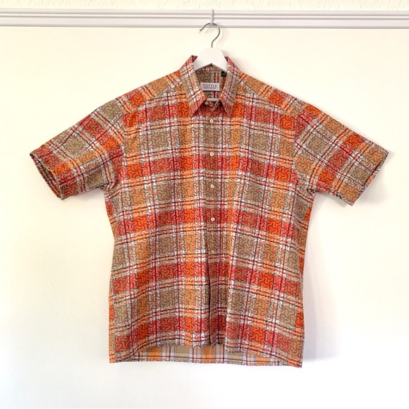 Orange check plaid geometric design short sleeve shirt by Tuttle Sportswear - Picture 4 of 16